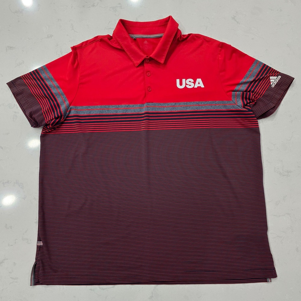 Adidas Golf Mens 2XL USA Polo Shirt Red Navy Blue Striped Short Sleeve Golf Top